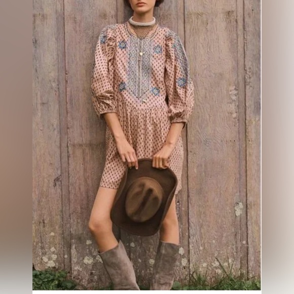 ANTHROPOLOGIE  Embroidered Cotton  Boho Mini Tunic Dress SZ 6 - Picture 7 of 17